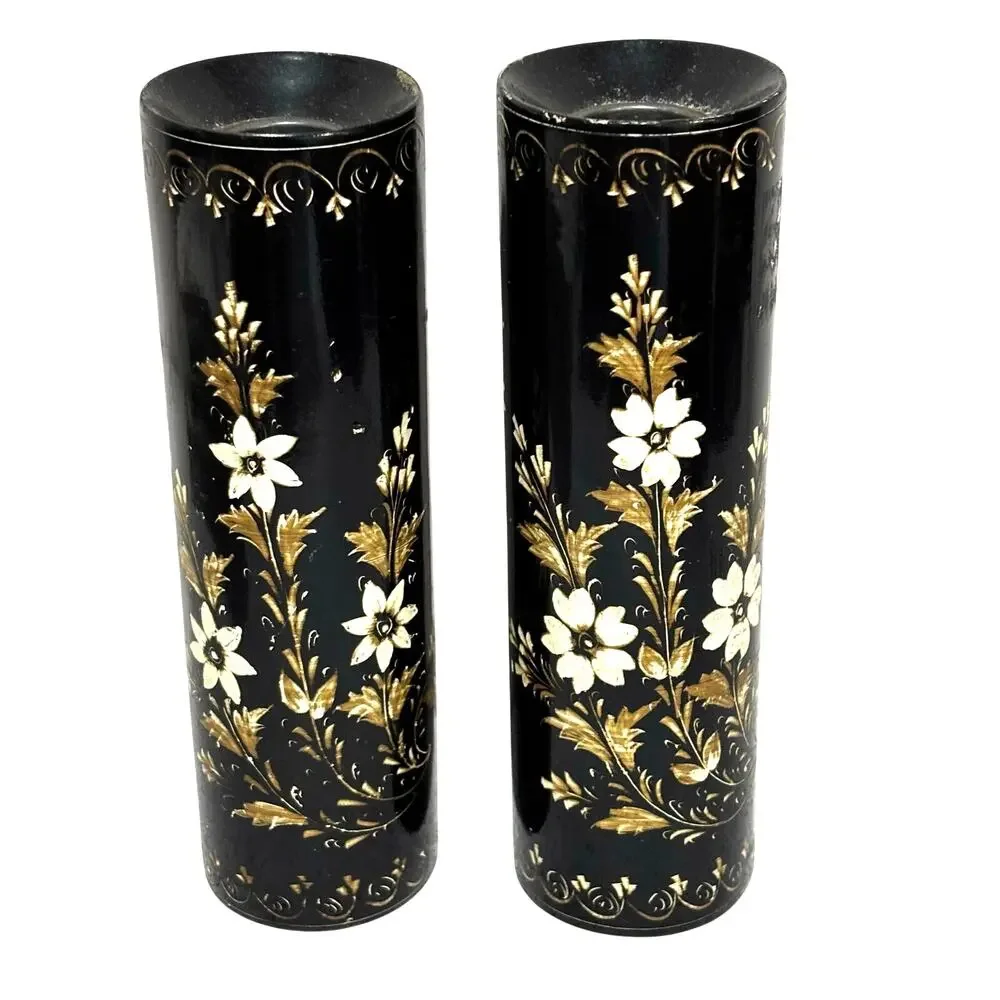 Wooden candle holders black lacquer Asian style gold & white cherry tree motif